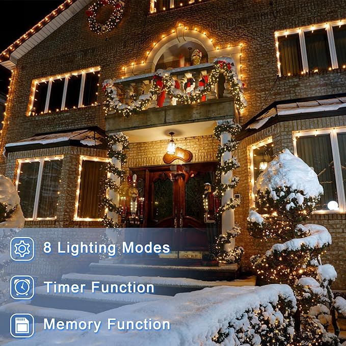 200 LED 66ft Christmas String Lights Indoor Outdoor, 8 Modes Christmas Fairy Lights with Timer & Momory, IP44 Waterproof Christmas Tree Lights for Xmas Patio Yard Fence Balcony Garden (Warm White)