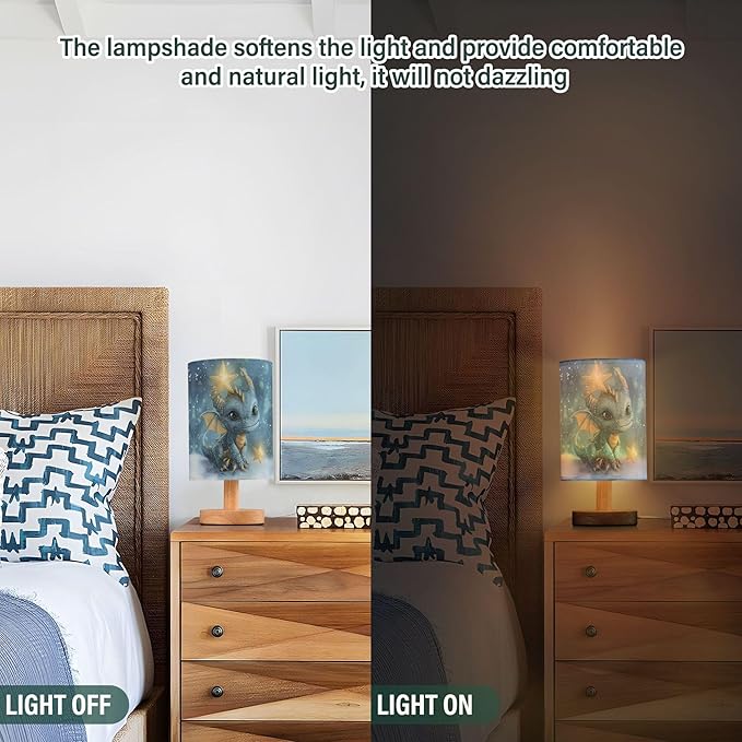 Table Lamp Watercolor Dragon Baby Animal Nightstand Lamp with Wood Base Fabric Lamp Shade Bedside Desk Lamp for Living Room Bedroom Kids Room Office