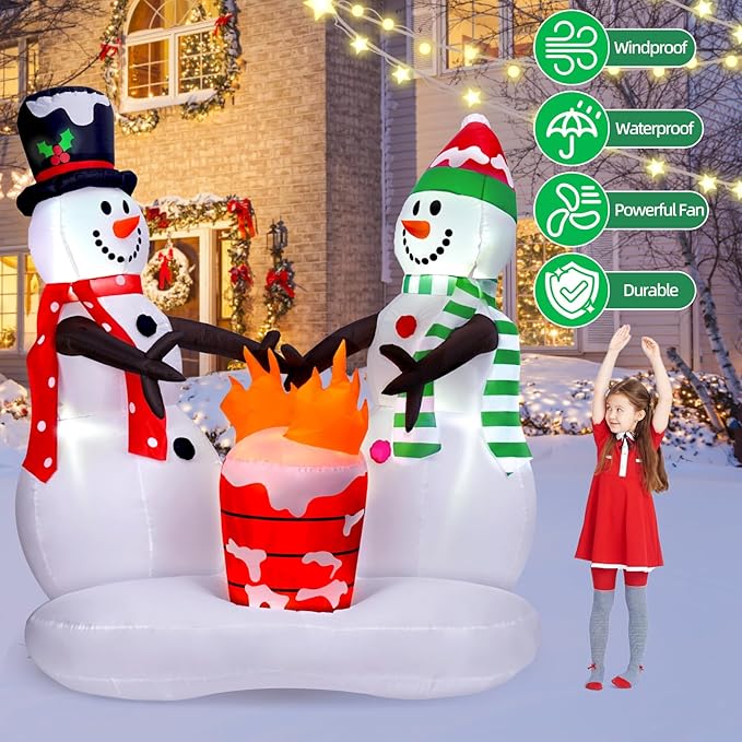 Outdoor Christmas Decoration, 8FT Inflatable Christmas Snowmen with Fire Flame Lights Decorations,Outdoor Christmas Blow Up Yard Decorations with Built-in LED for Outside, Holiday Lawn,Yard, Garden