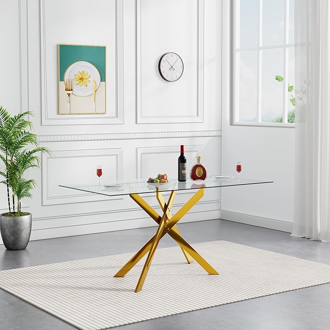 51" Rectangular Glass Dining Room Table for 4 with Tempered Glass Top and Gold Metal Legs, Modern Clear Kitchen and Dinner Table for Home Office Dining Room