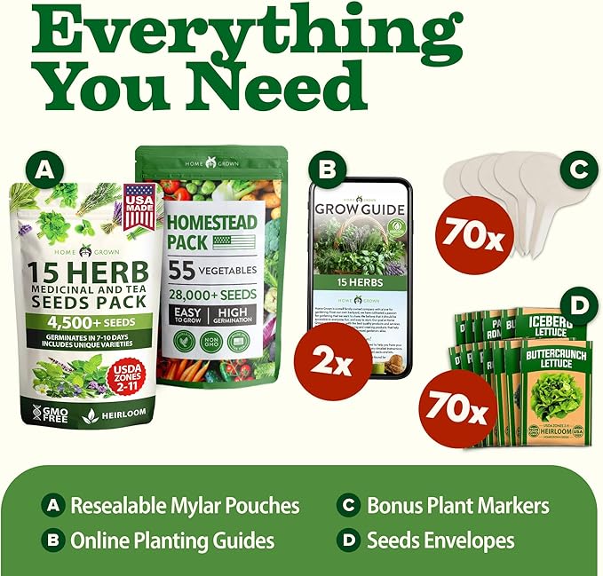 HOME GROWN 70 Variety Vegetable & Herb Seeds – 32,000+ USA Non-GMO Heirloom Survival Seeds –Garden Kit for Spring, Fall, Winter – Indoor & Outdoor Planting – Starter Set for Home Gardeners & Preppers