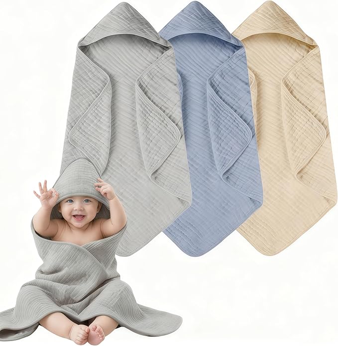 3-Pack Hooded Baby Towels for Newborn 100% Cotton Soft Babies Blanket Toddler and Kids Bath Towel Baby Essentials