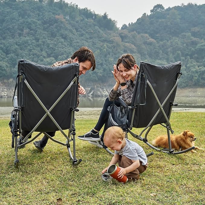 EVER ADVANCED Oversized Folding Rocking Camping Chair, Padded Portable Rocker Chair for Patio, Lawn and Outdoors, Heavy Duty Hard Armchair for Adults Supports 400lbs, Grey