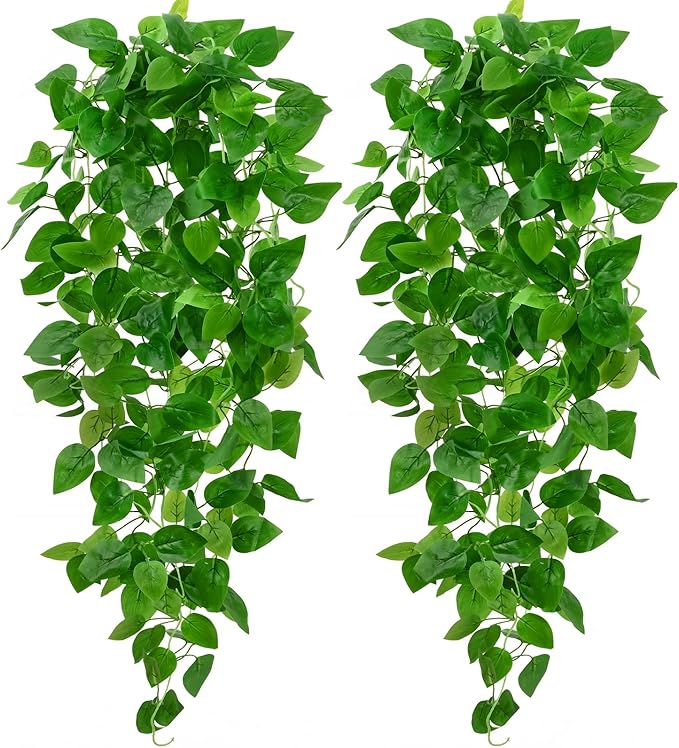 BLEUM CADE 2Pcs Fake Hanging Plants, 9 Branch Artificial Hanging Plant, Lush Faux Pothos Vines for Home Room Wall Shelf Porch Outdoor Indoor Decor (No Baskets)