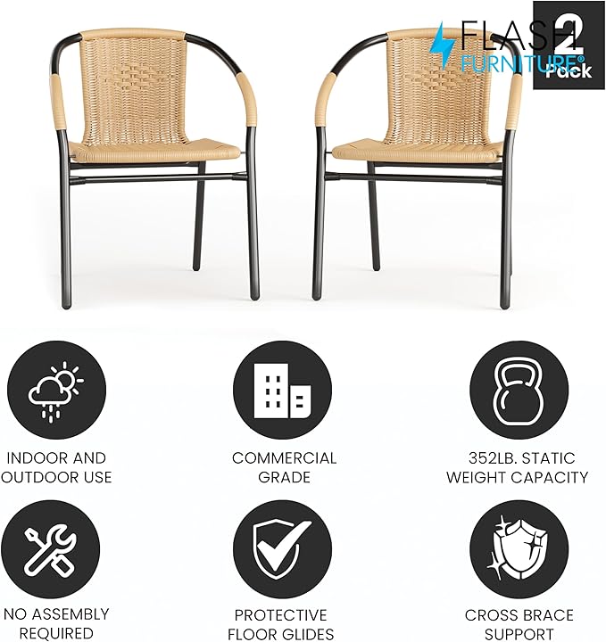 Flash Furniture Lila 2 Pack Beige Rattan Indoor-Outdoor Restaurant Stack Chair