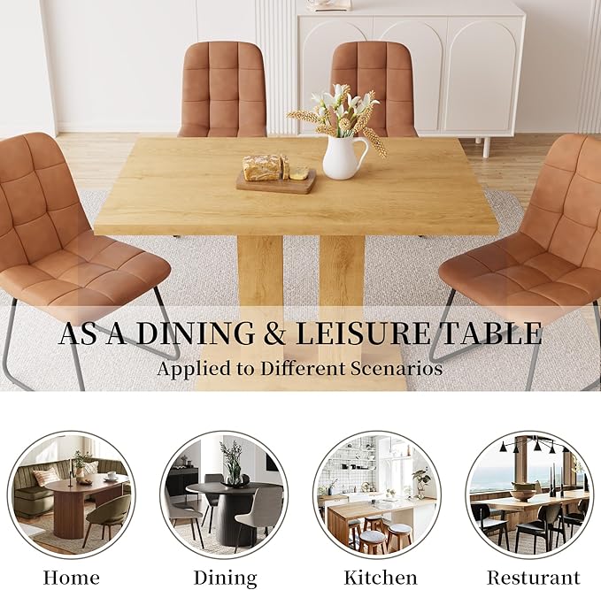 Dining Table Set for 4-6 People, 46 Inch Modern MDF Oak Kitchen Table with 4 Faux Leather Chairs, Rectangular Dining Room Table Set for Home, Small Spaces, Breakfast Nook (Oak Table + 4 Brown Chairs)