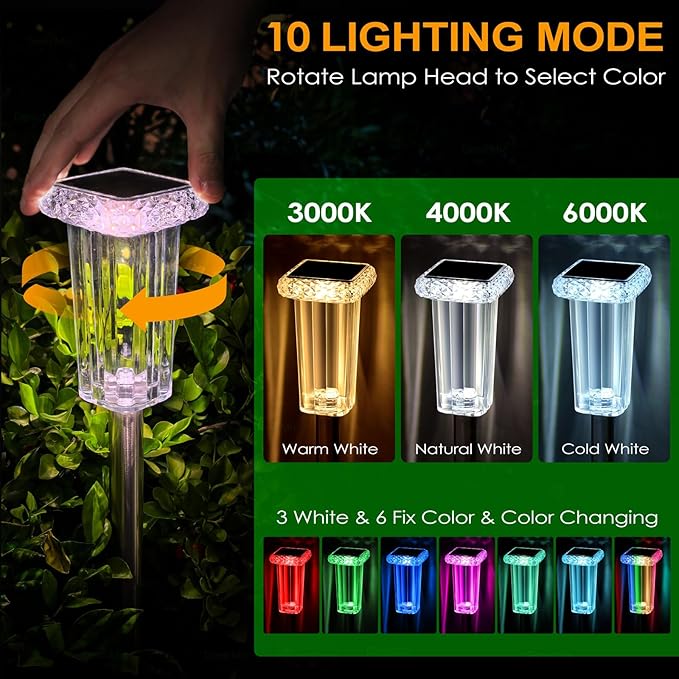 DenicMic Solar Lights Outdoor Waterproof Bright 3000K 4000K 6000K White and 6 Fixed Color and Color Changing LED Landscape Path Lighting for Outside Yard Pathway Walkway Garden Decor 4 Pack