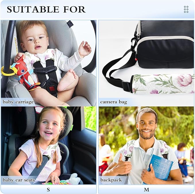 Car Seat Belt Covers 2 Piecing Soft Unique Seat Belt Shoulder Strap Covers Pad for Women Men Kids S Florals Peonies Violet Peonies White