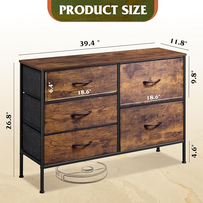 WLIVE Dresser for Bedroom with 5 Drawers, Wide Chest of Drawers for Bedroom, Fabric Dresser for Living Room, Closet, Hallway, Rustic Brown Wood Grain Print