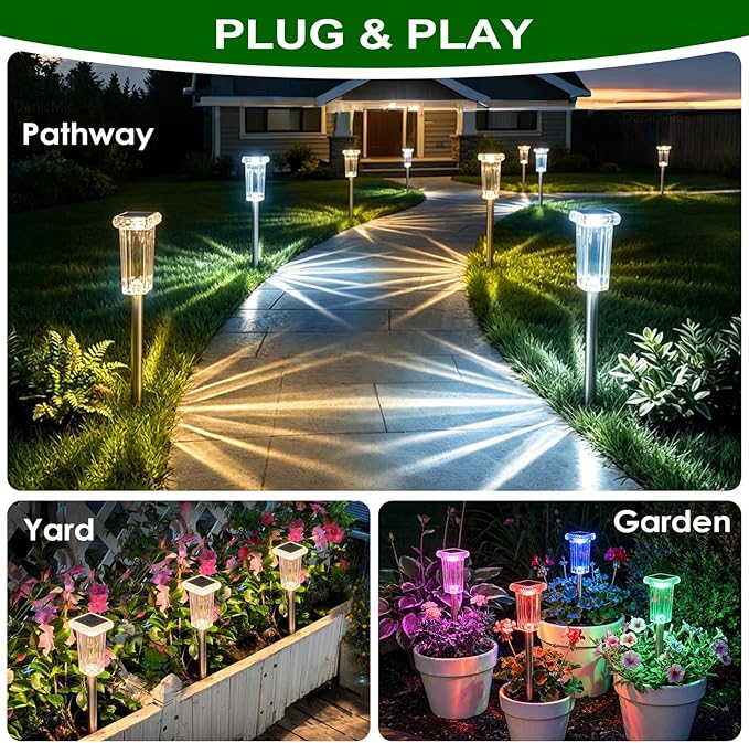 DenicMic Solar Lights Outdoor Waterproof Bright 3000K 4000K 6000K White and 6 Fixed Color and Color Changing LED Landscape Path Lighting for Outside Yard Pathway Walkway Garden Decor 4 Pack