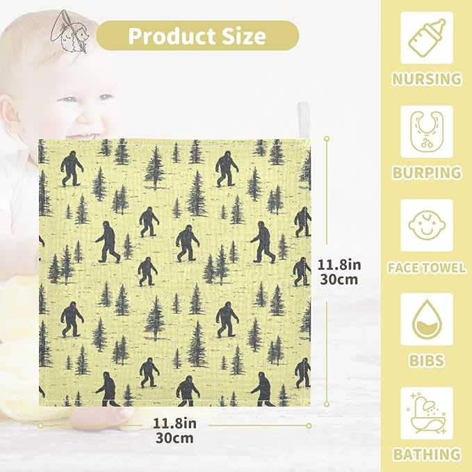 Bigfoot Baby Washcloths Newborn Muslin Burp Cloths 3 Pack Soft Cotton Baby Face Bath Towel Drool Bibs for Infants, Girls and Boys 11.8 x 11.8 Inch