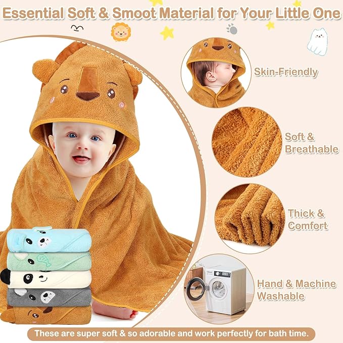 15 Pcs Baby Bath Towels- 5 x Hooded Baby Towels and 10 x Baby Washcloths Set, 32 x 32 Inch Hooded Toddler Towel Bath Blanket Absorbent Hooded for Toddler Infant Newborn Shower Gift for Boys & Girls