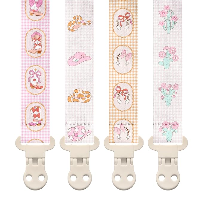 Stadela Baby Fabric Pacifier Clip Holder, Plastic Clip, 4‑Pack, Western Pattern, Jolene Set