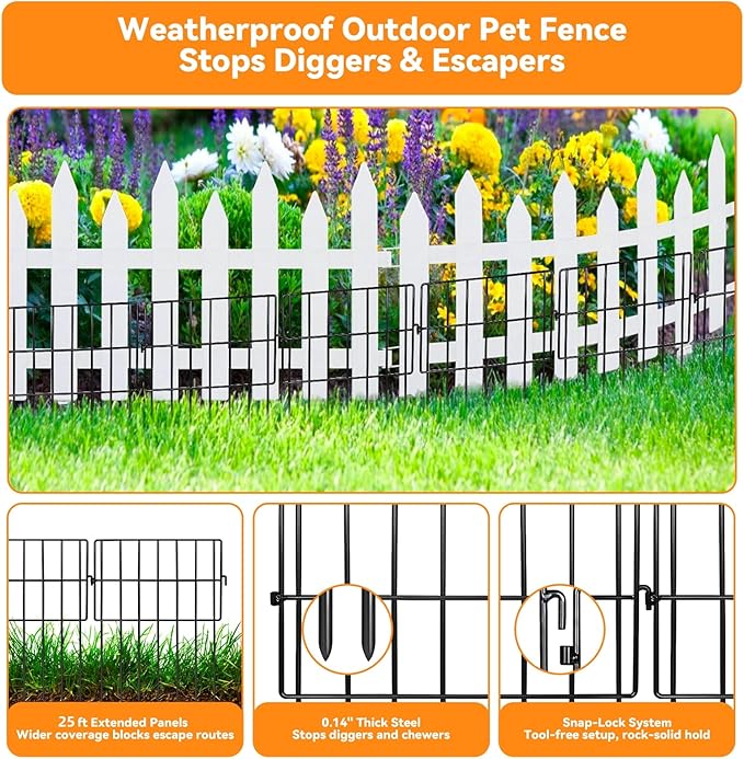 25 Pack Animal Barrier Fence No Dig Garden Defense, 25ft(L) x 13in(H) Rabbit Proof Garden Fencing with 1.2in Gaps, Metal Rabbit Fence, Dog Blocker Under Barriers for Flower Beds & Patio