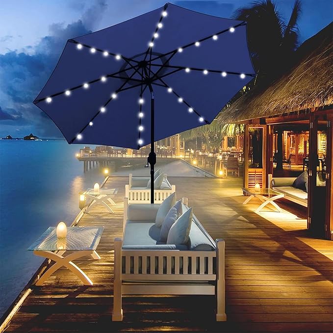 Blissun 9 ft Solar Umbrella 32 LED Lighted Patio Umbrella Table Market Umbrella with Tilt and Crank Outdoor Umbrella for Garden, Deck, Backyard, Pool and Beach (Navy Blue)
