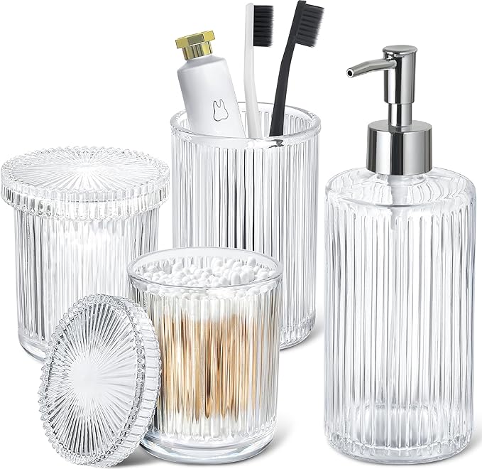 RYTOXILO Bathroom Accessories Set, 4 Pack Clear Glass Bath Accessory Sets Complete, Ribbed Soap Dispenser and Toothbrush Holder Set with 2 Qtip Holders, Modern Sliver Bathroom Counter Decor