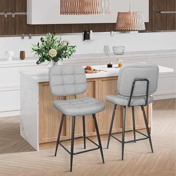 Bar Stools Set of 2, 24 Inch Upholstered Metal Barstool with Back and Footrest, Bar Chair with Metal Base for Dining Room Counter Island, Light Grey