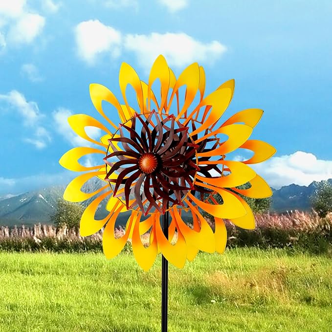 Sunflower Wind Spinners, 360 Degrees Swivel Metal Wind Sculptures, 76" Large Garden Pinwheels for Yard Lawn Patio Decor