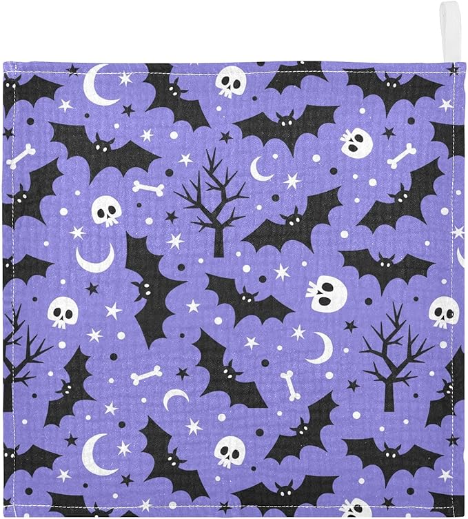 Halloween Bats Skull Baby Washcloths Newborn Muslin Burp Cloths 3 Pack Soft Cotton Baby Face Bath Towel Drool Bibs for Infants, Girls and Boys 11.8 x 11.8 Inch
