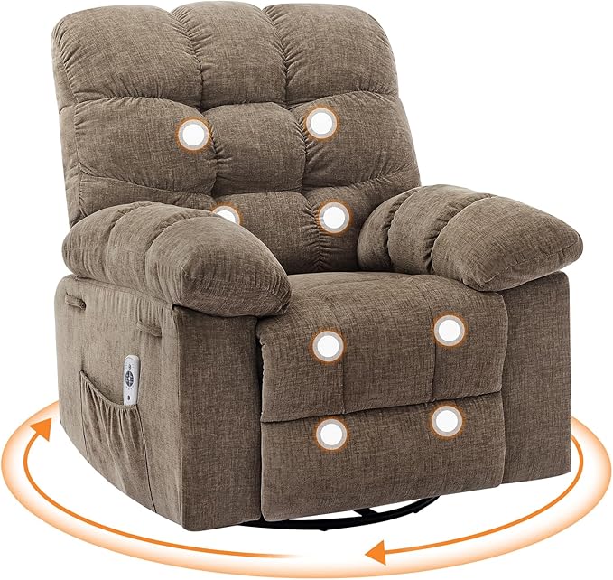 Rocking Recliner Chair with Vibration Massage & Heat, 360° Swivel Oversized Rocker Recliner with Side Pocket for Living Room, Bedroom & Nursery