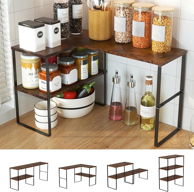 Golener Countertop Organizer Corner Shelf, 2 Tier Adjustable Stackable Corner Shelves for Kitchen, Bathroom, Spice Rack, Coffee Area, Over Sink, Dresser Table, Corner Counter Shelf Stand, Rustic Brown