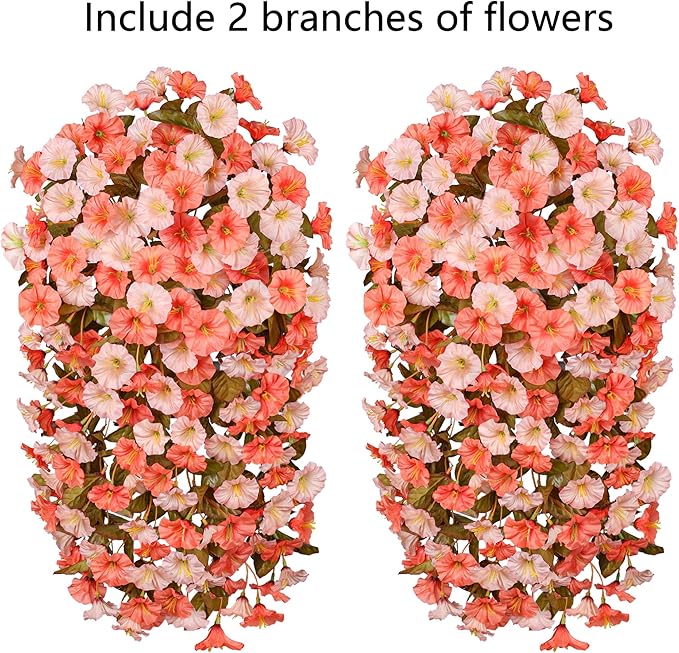 HyeFlora Artificial Fake Fall Hanging Flowers for Outdoor Decor, 2PCS Faux Silk Morning Glory Hanging Plants Mums Vine for Home Garden Wall Party Indoor Outside Decoration (Fall Orange+Light Orange)