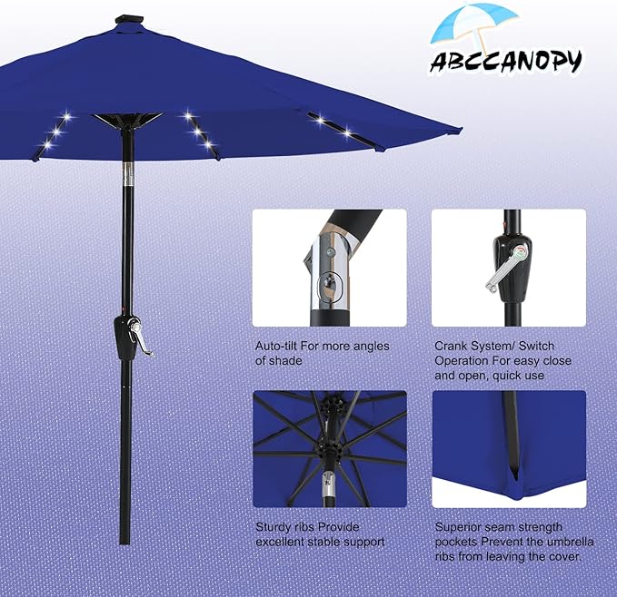 ABCCANOPY Durable Solar Led Patio Umbrellas with 32LED Lights 9FT (Royal Blue)