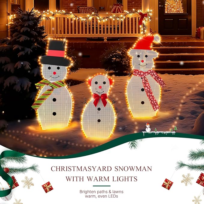3-Piece Lighted Snowman Christmas Decorations Outdoor Yard Snow Man Family with 180 LED Lights, Snowman Yard Decorations, Christmas Yard Decorations for Outdoor Lighted Holiday Lawn Garden Porch