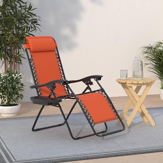 Best Choice Products Set of 2 Adjustable Steel Mesh Zero Gravity Lounge Chair Recliners w/Pillows and Cup Holder Trays - Burnt Orange