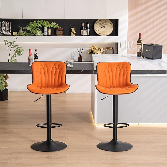 YOUNIKE Orange Bar Stools Set of 2 Faux Leather Upholstered Counter Height Barstools Swivel Modern Kitchen Bar Chairs with High Backs Adjustable Tall sillas para barra de cocina for Breakfast Island