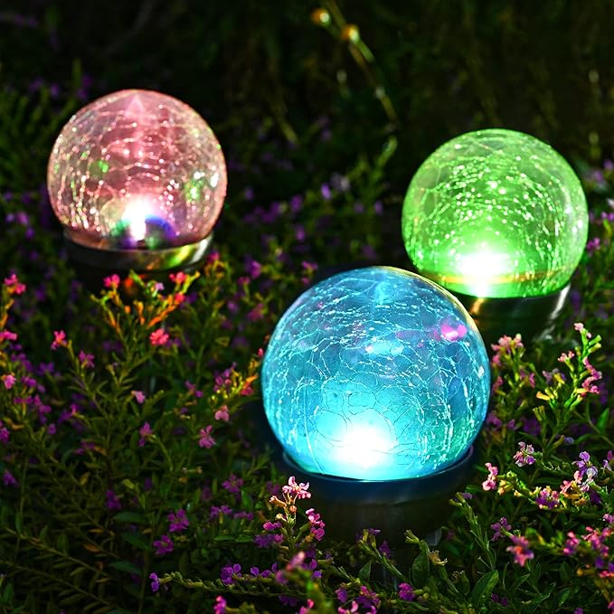 GIGALUMI Solar Outdoor, Cracked Glass Ball Solar Garden Lights, Color Changing Lights Outdoor,Garden LED for Path, Patio, Yard, 3 Pack Pathway