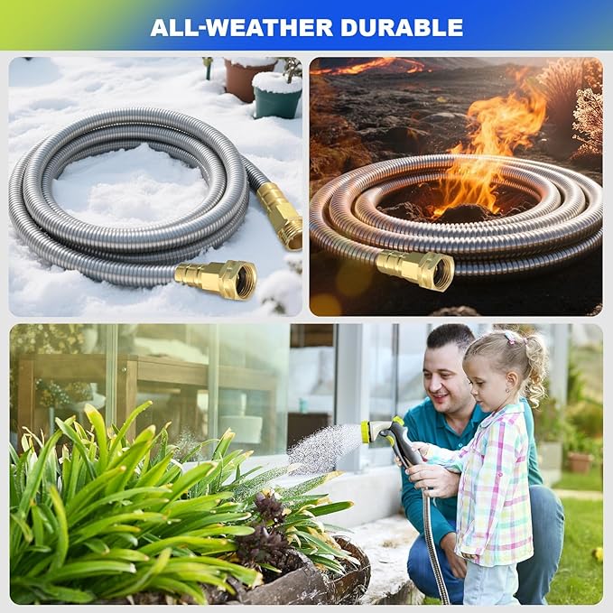 Short Metal Garden Hose 5 ft – 304 Stainless Steel Water Hose Leader, Flexible Hose Extension, Small Lightweight Hose Extender,No Kink Outdoor Hose (5 ft)