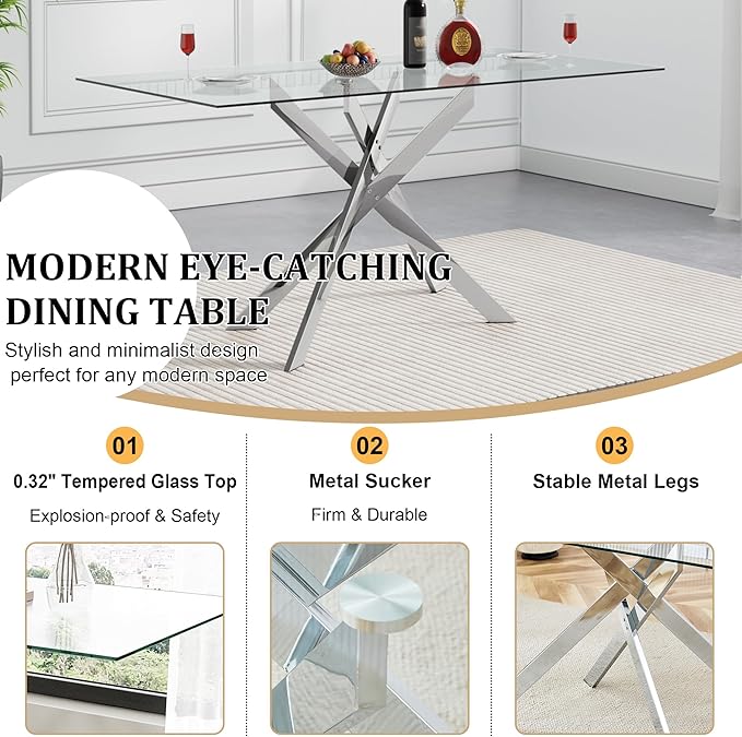 51.2" Glass Dining Table, Modern Kitchen Table for 4-6 People, Contemporary Rectangular Dining Room Dinner Tables with Clear Glass Top & Silver Metal X Legs for Kitchen Apartment