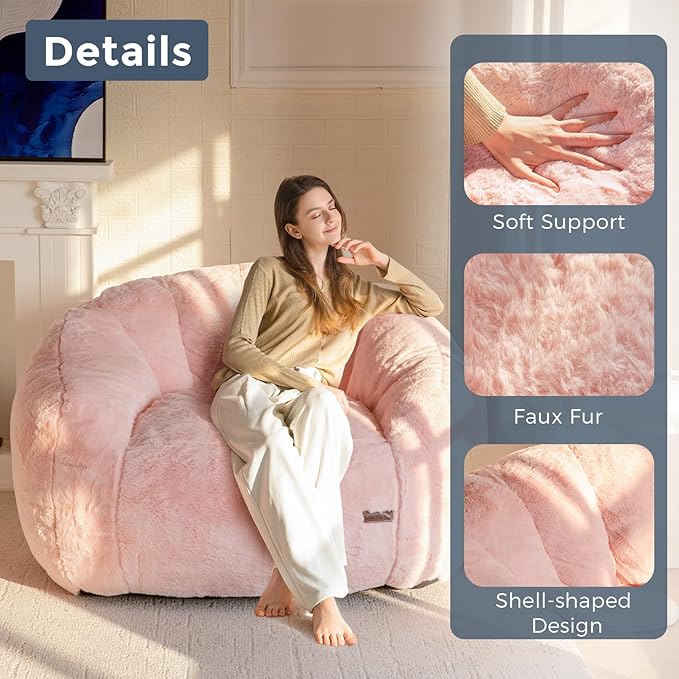 MAXYOYO Giant Bean Bag Chair, Oversized Bean Bag Couch for Adults and Kids, Faux Fur Shell-Shaped Large Chair with Filler, Stuffed Big Accent Sofa Lounge Floor Sofa for Gaming, Reading, Pink