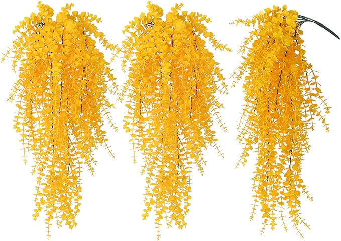 RECUTMS Aritificial Hanging Plant 3 Pack Fake Eucalyptus Leaves Faux Yellow Vine Plant Hanging for Indoor Home Room Wall Outdoor Garden Party Proch Wedding Backyard Arch Decoration(Pure Yellow)