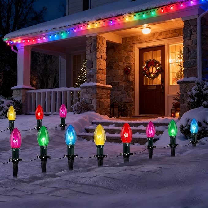 Abeja C9 Christmas Pathway Light Outdoor, 38Ft Multicolor Bulbs Christmas Pathway Lights with 25Stakes, Connectable Weatherproof Walkway Lights for Yard Lawn Sidewalk Garden Xmas Holiday Decor