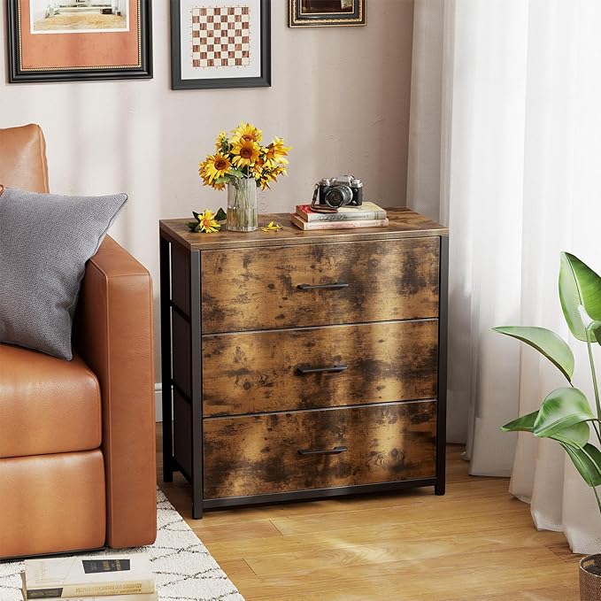 Nightstand, End Table, Bedside Table, Small Tall Dresser for Bedroom with 3 Storage Drawer, Chest of Drawers Fabric Dressers with Steel Frame, Wooden Top & Front for Living Room