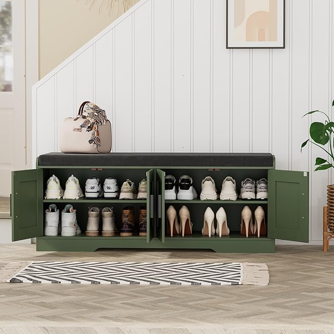 2-Tier Storage Bench, Shoe Bench with Thickened Padded Seat Cushion, Entryway Bench with 4 Doors, Adjustable Shelf, 13.8" D x 45.3" W x 18.5" H, for Entryway, Living Room, Bedroom, Green