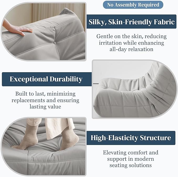 Bean Bag Chair, Fireside Chair Bean Bag Sofa for Adults, Bean Bag Chairs for Teens with High-Resilience Foam, Memory Foam & Non-Slip Base Bean Bag for Living Room, Bedroom, Office (Suede, Light Gray)