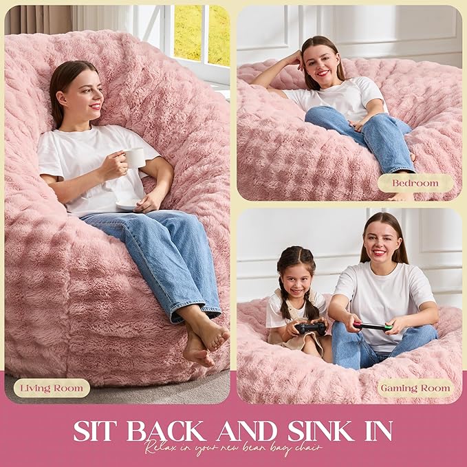 Hobestluk Bean Bag Chairs 6ft Beanbag Chair with Filler Adult Bean Bags with Fluffy & Machine Washable Cover, Giant Bean Bag Chairs for Aduts (Pink, 6FT-70" x 70" x 15")