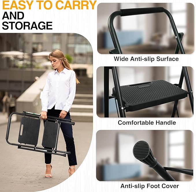 2 Step Ladder, Portable Steel Folding Step Stool with Wide Anti-Slip Pedal & Convenient Handgrip, 500lbs Sturdy Steel Ladder, Black