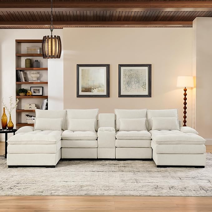 130" U-Shaped Sectional Sofa with Storage Console & Cup Holders, Upholstered 6 Seat Living Room Sleeper Couch Furniture Set w/Chaise, Cloud Cushion Couch for Home, Office, Apartment,Beige