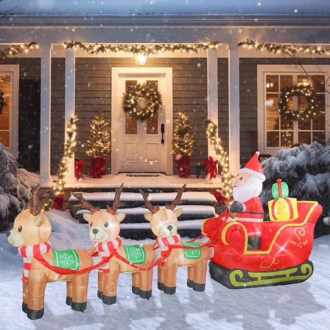 Taman 12 FT Christmas Inflatable Decorations, Santa Claus on Sleigh with Reindeer Propeller Built-in Bright LED Light Blow Up for Yard, Garden,Lawn Outdoor Holiday Yard Decorations