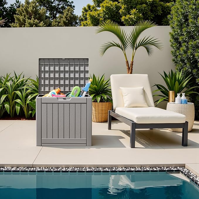 Flamaker Resin Deck Box 40 Gallon Waterproof Outdoor Indoor Storage Box Imitation Wood Resin for Patio Furniture Garden Tools and Pool (Gray)