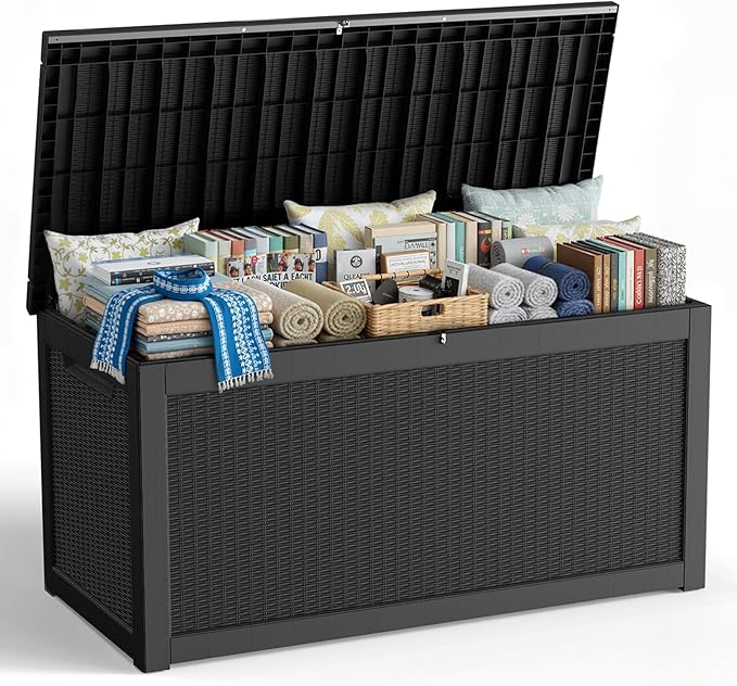 320 Gallon Outdoor Storage Box,Large Waterproof UV Resistant Deck Box,Lockable Storage Container for Patio Furniture Cushions Garden Tools and Pool Accessories(Black)