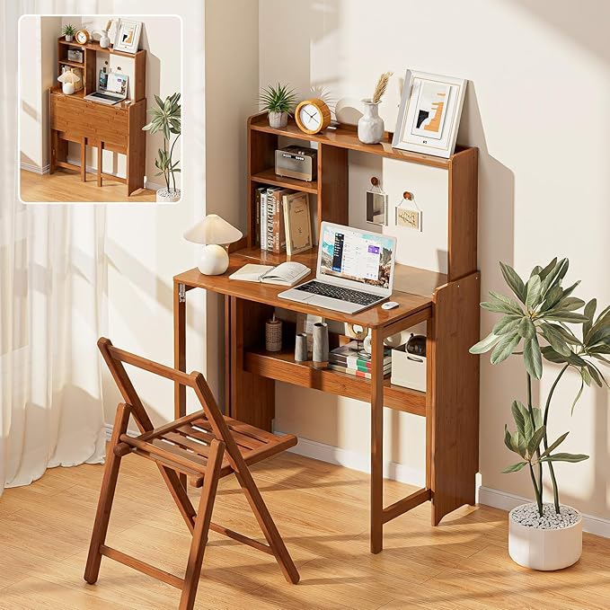 31.1" Bamboo Folding Desk with Bookshelf, Compact Computer Desk for Small Spaces, Foldable Study Table with Storage Shelf, Space-Saving Home Office Table for Bedroom, Dorm, Apartment,Brown