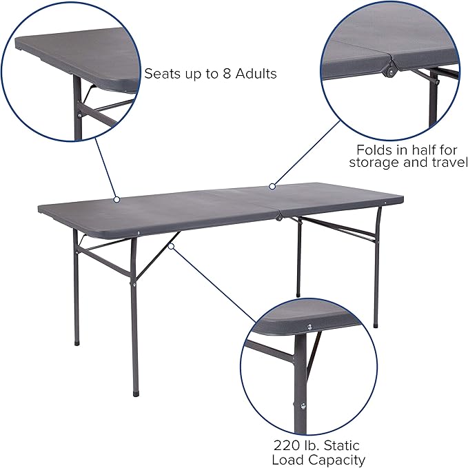 Flash Furniture 6' Rectangular Plastic Folding Event Table with Carrying Handle, Bi-Fold Portable Banquet Table for Indoor/Outdoor Events, Dark Gray