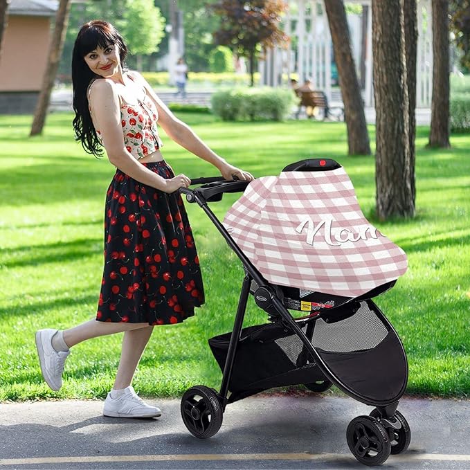 Personalized Baby Car Seat Cover for Babies, Custom Name Baby Car Seats Canopy for Girls, Nursing Breastfeeding Stroller Covers for Infant Newborn, Shower Gift (Pink Plaid)