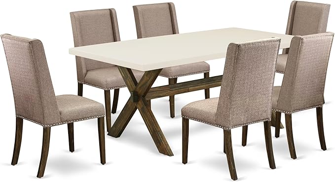 East West Furniture X727FL716-7 7 Piece Dining Set Consist of a Rectangle Dining Room Table with X-Legs and 6 Dark Khaki Linen Fabric Upholstered Parson Chairs, 40x72 Inch, Multi-Color