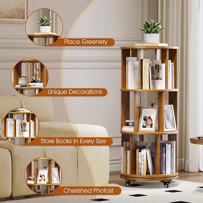 3 Tier Rotating Bookshelf Tower Spinning Bookshelf with Swivel Wheels Book Shelf Rotating Storage Tower for Kids Adult Narrow Walnut Solid Wood Revolving Bookcase Organizer for Bedroom Living Room